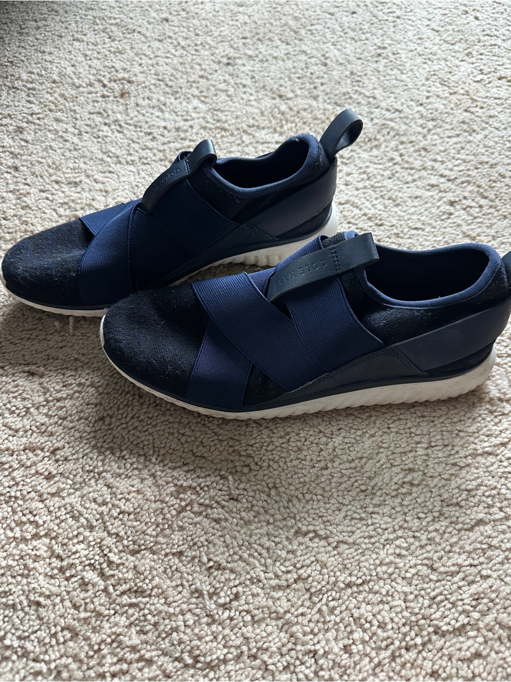 Cole Haan Women’s Navy Black Elastic Leather Crossover Slip-On Sneakers Size 7